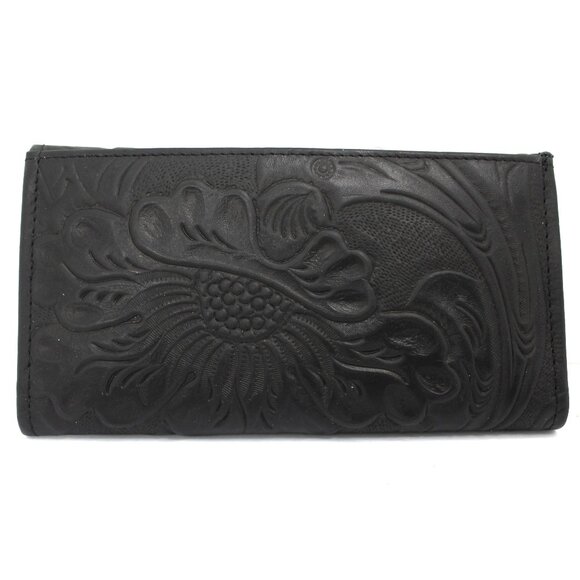Embossed Tooled Black Leather Wallet Trifold Organizer Women's Made in Mexico - Picture 1 of 8